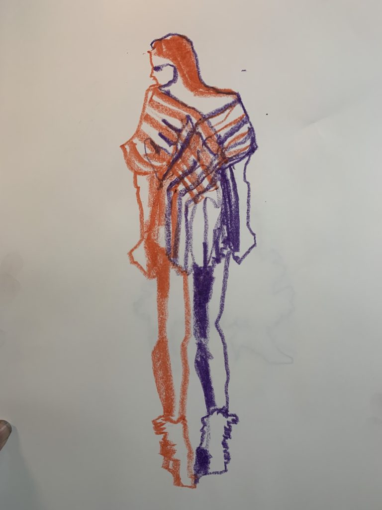 Two-toned fringed dress- Drawing with Two hands: a fashion model drawing drawing exercise with Laura Volpintesta