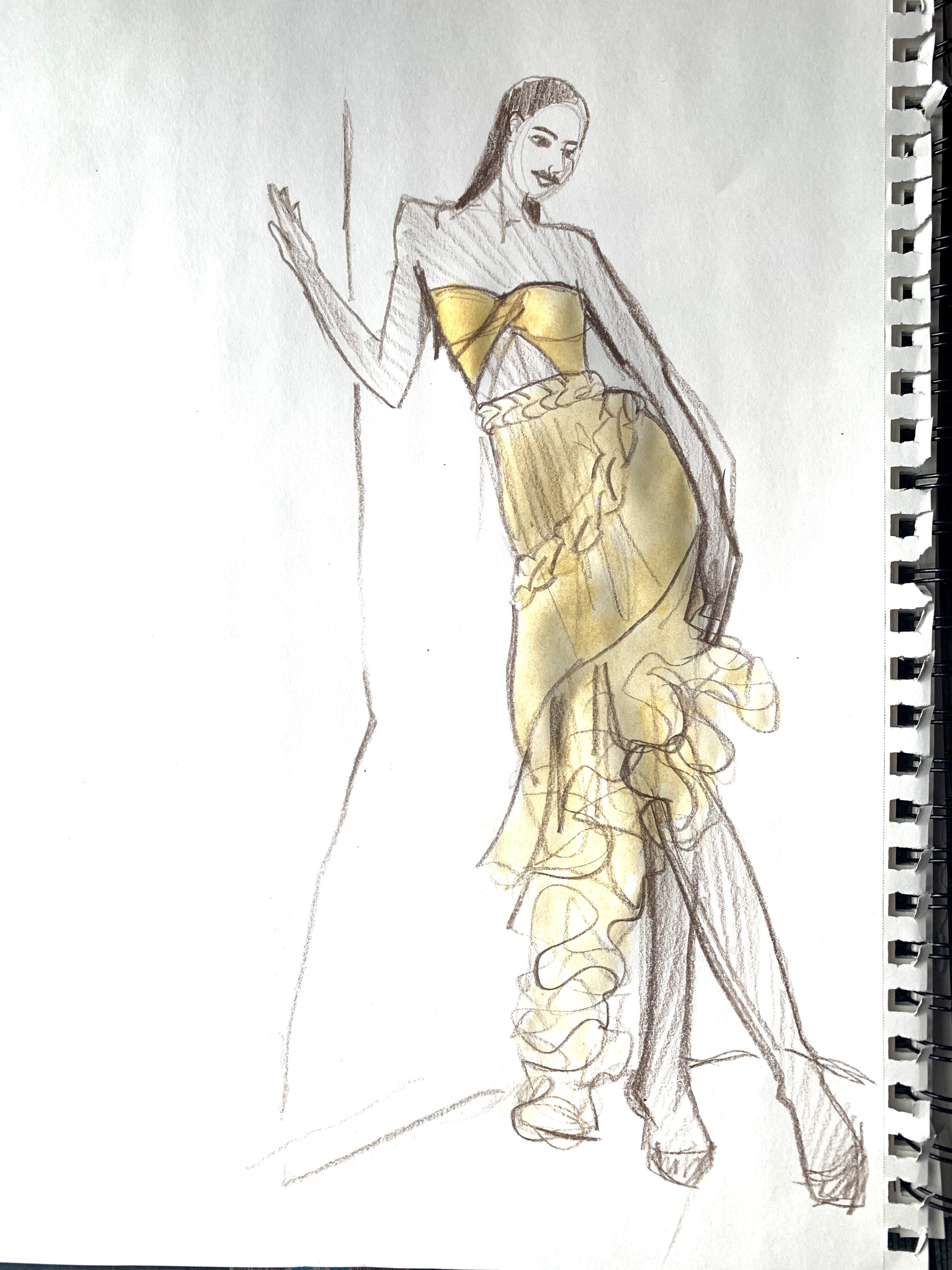 Asymmetry marks the flounced hemline of tihs golden eveningwear look from fashion design sketching live zoom class