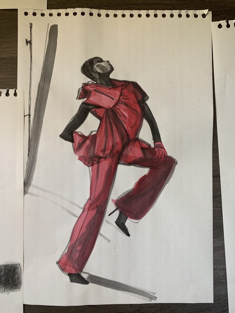 taffeta pantsuit: rendering texture, surface, shine and design with Laura Volpintesta fashion illustration and design course