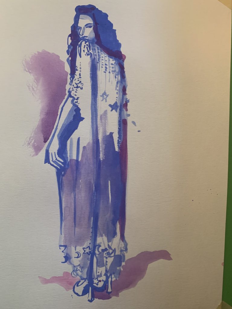 Drawing beaded fringe with gouache for fashion illustration, by Laura Volpintesta