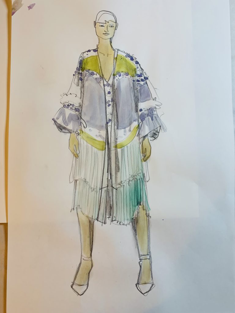 Tasseled- fringed -beaded color-blocked kimono sketched into gouache wash and pencil by laura Volpintesta