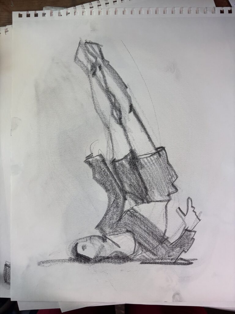 upside -down, dramatic pose, exaggeration, smudge, soft graphite block, caran d'ache, model drawing, figure drawing