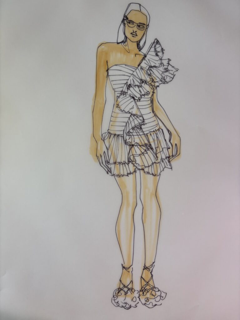 ruflles, flares, tiers, stripes, pleats, skintone, alcohol markers, sharpie, fine line, fine tip, vellum, fabriano, fashion illustration