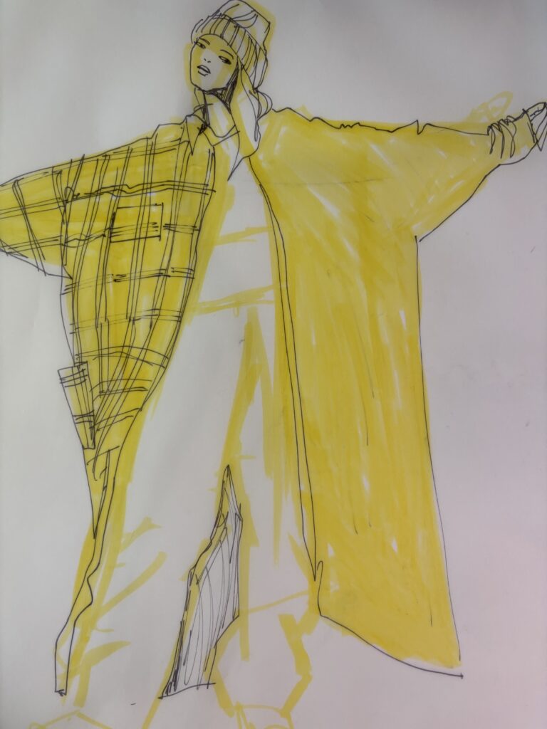 plaid, silhouette, boxy, oversized, classic shirt, unfinished, sharpie, fine line, ink pen, markers, bold, kimono, knit cap, pants. yellow fashion illustration. line quality