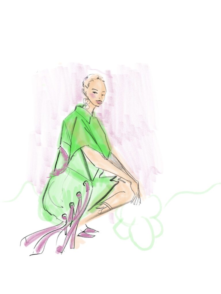 Pooja Shroff dress, fashion illustration by Laura Volpintesta on ipad with Adobe Fresco app.