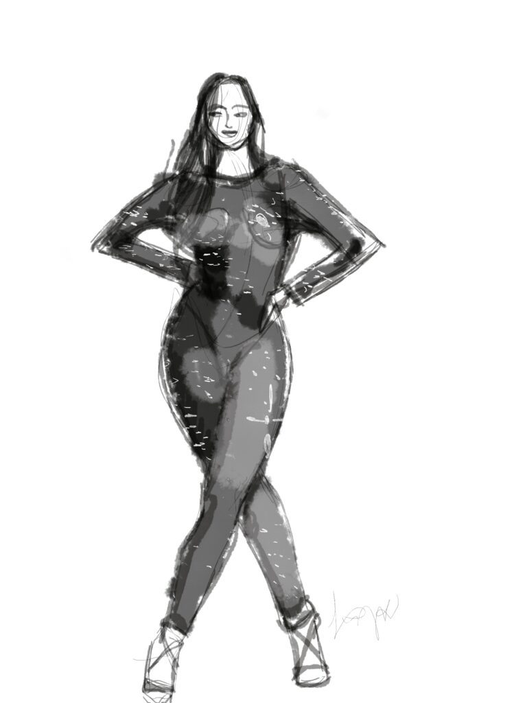 Procreate app fashion model drawing sketching light, dark, shadows and sparkles and shine by Laura Volpintesta on ipad