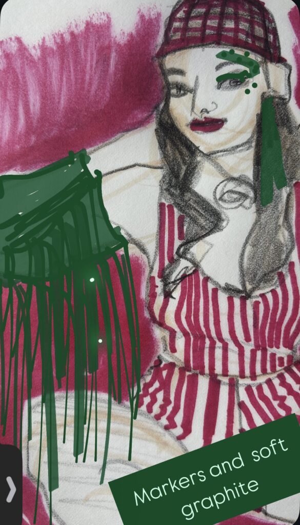 ICarnaval costume with stripes model drawings , Laura Volpintesta markers , graphite and digital apps