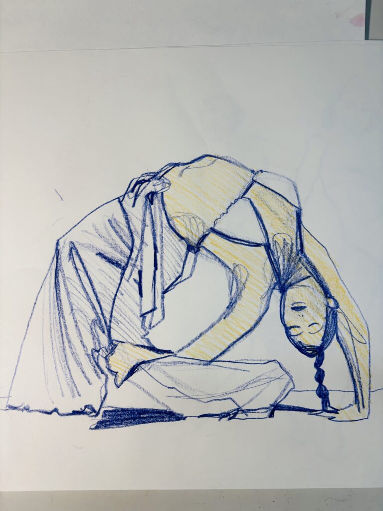 Laura Volpintesta fashion drawing exercises zoom session- Dramatic back-end pose fashion illustration study by laura volpintesta with Prismacolor Premier colored pencils