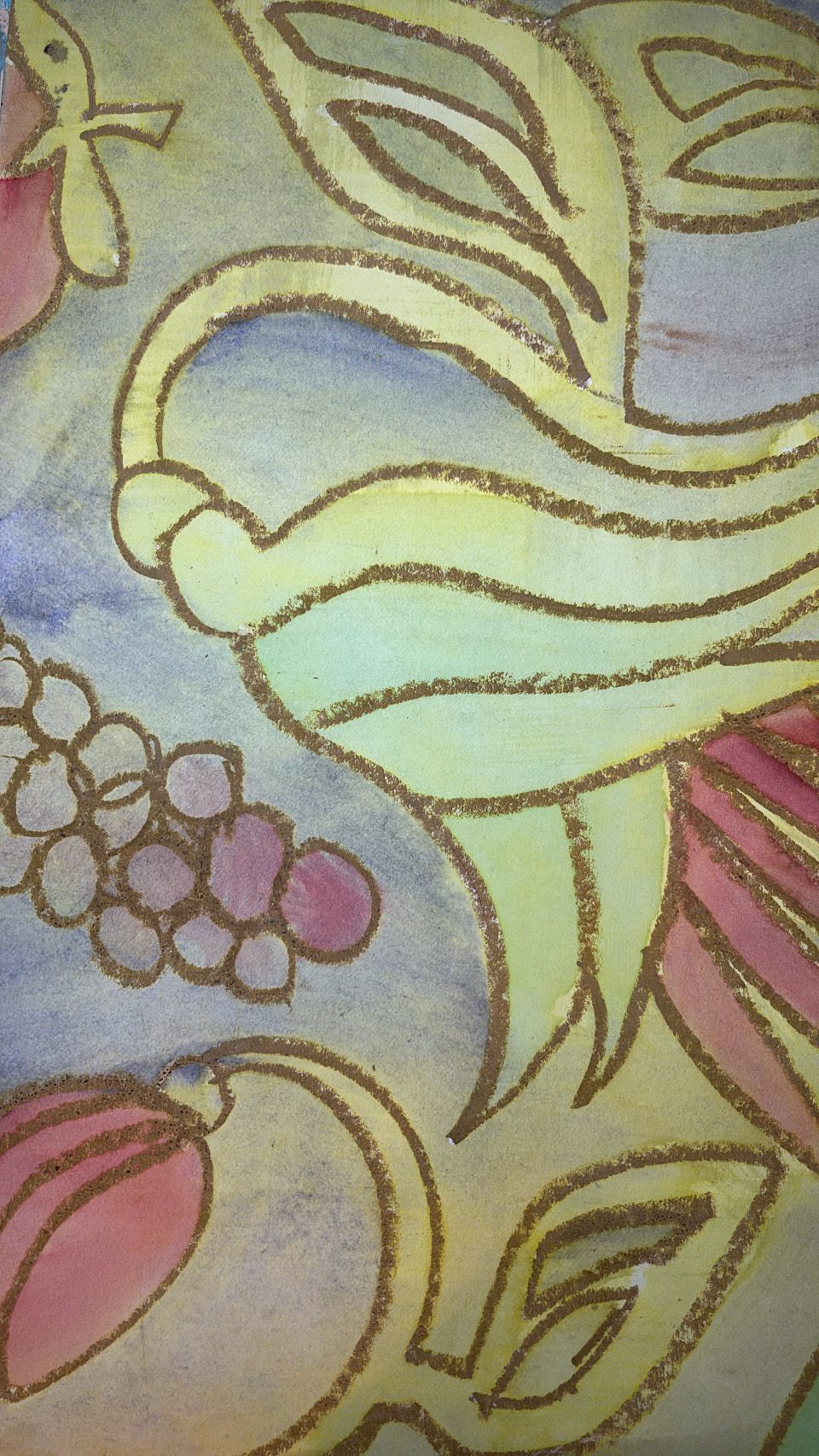 oil pastel and watercolor fashion fabric print design concept exploration sketch by Laura Volpintesta