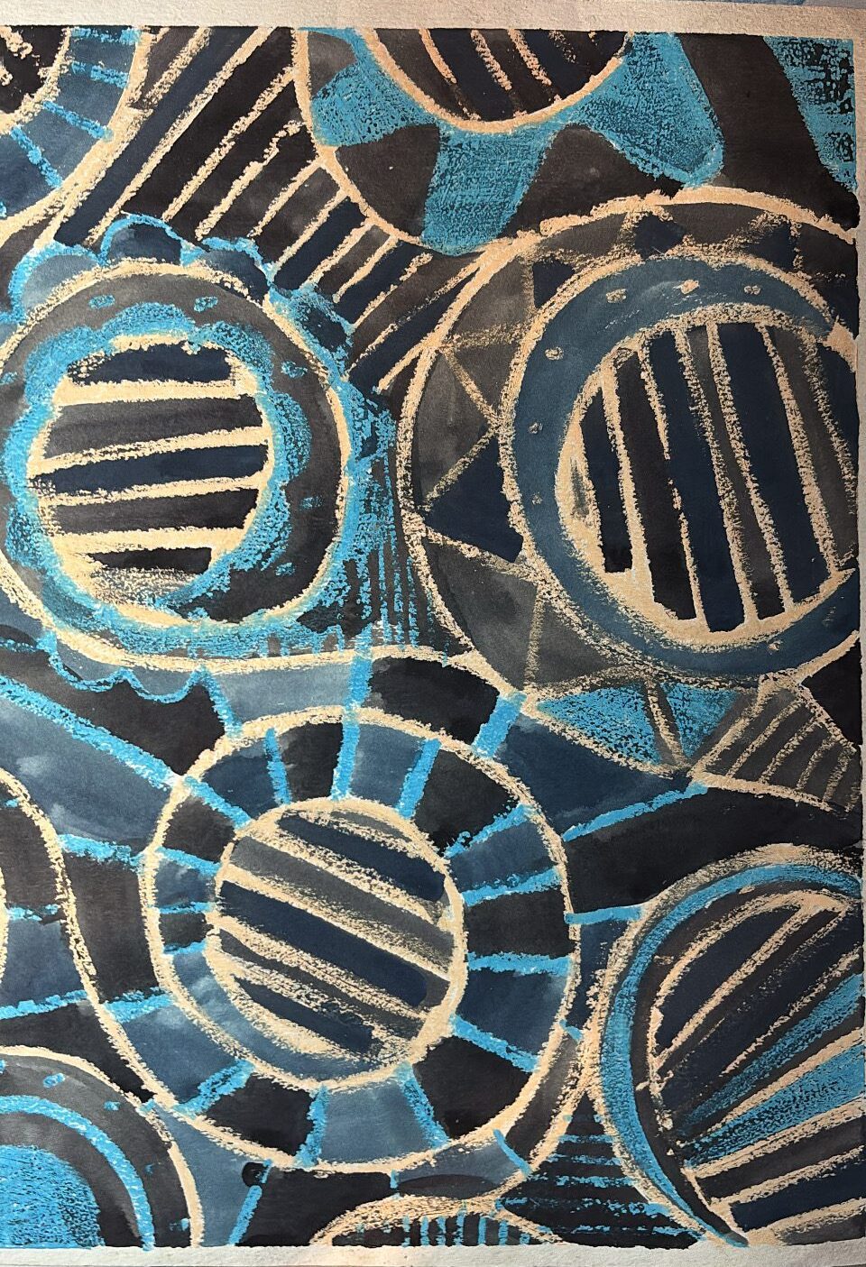 oil pastel and gouache fashion fabric print design batik concept sketch on watercolor paper by Laura Volpintesta