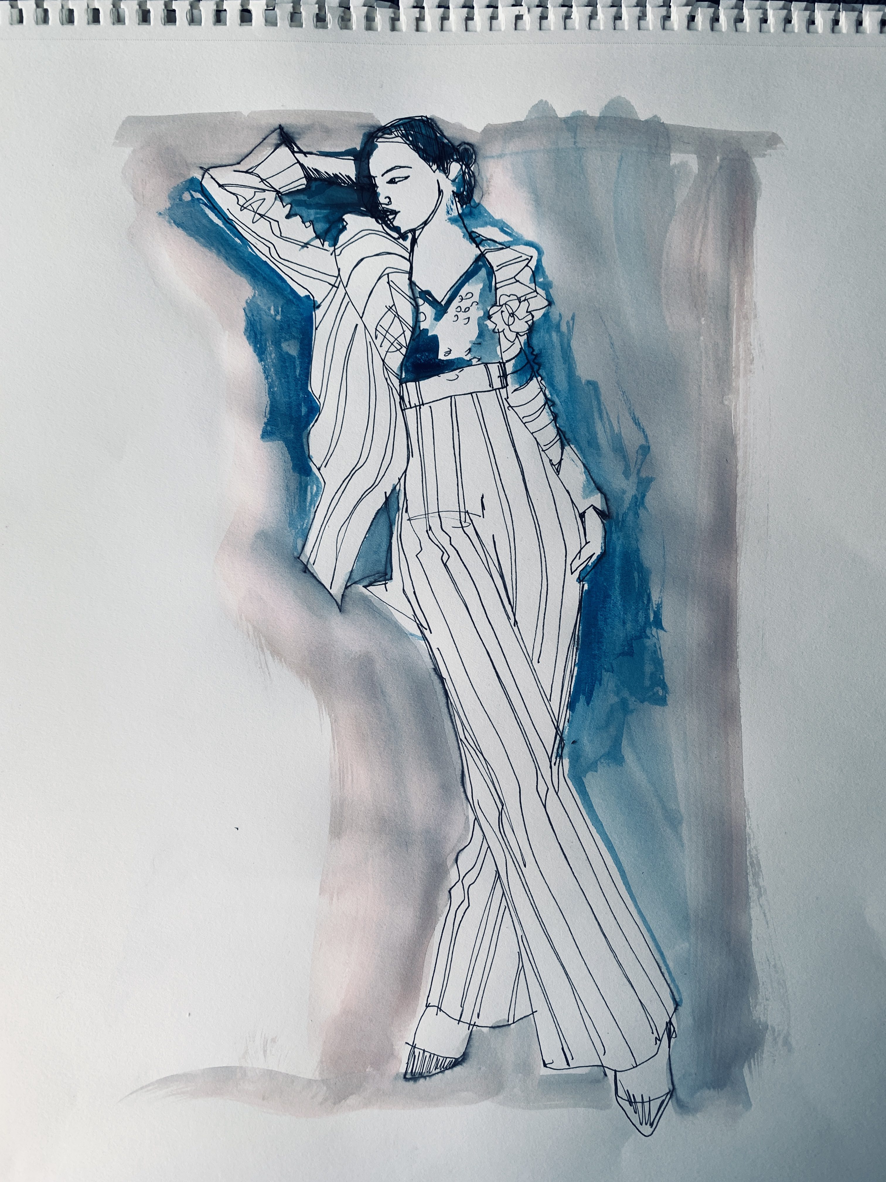 fineline felt tip pen line quality, fashion illustration. highwaisted wideleg pantsuit with pinstripes, backshadow wash