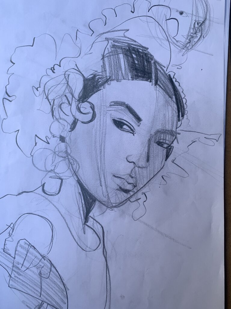 3/4 rotation, faces, Face study, 3/4 angle, Laura volpintesta. shading, line quality, features of face, soft graphite. contours, light and shadow, shadow shapes