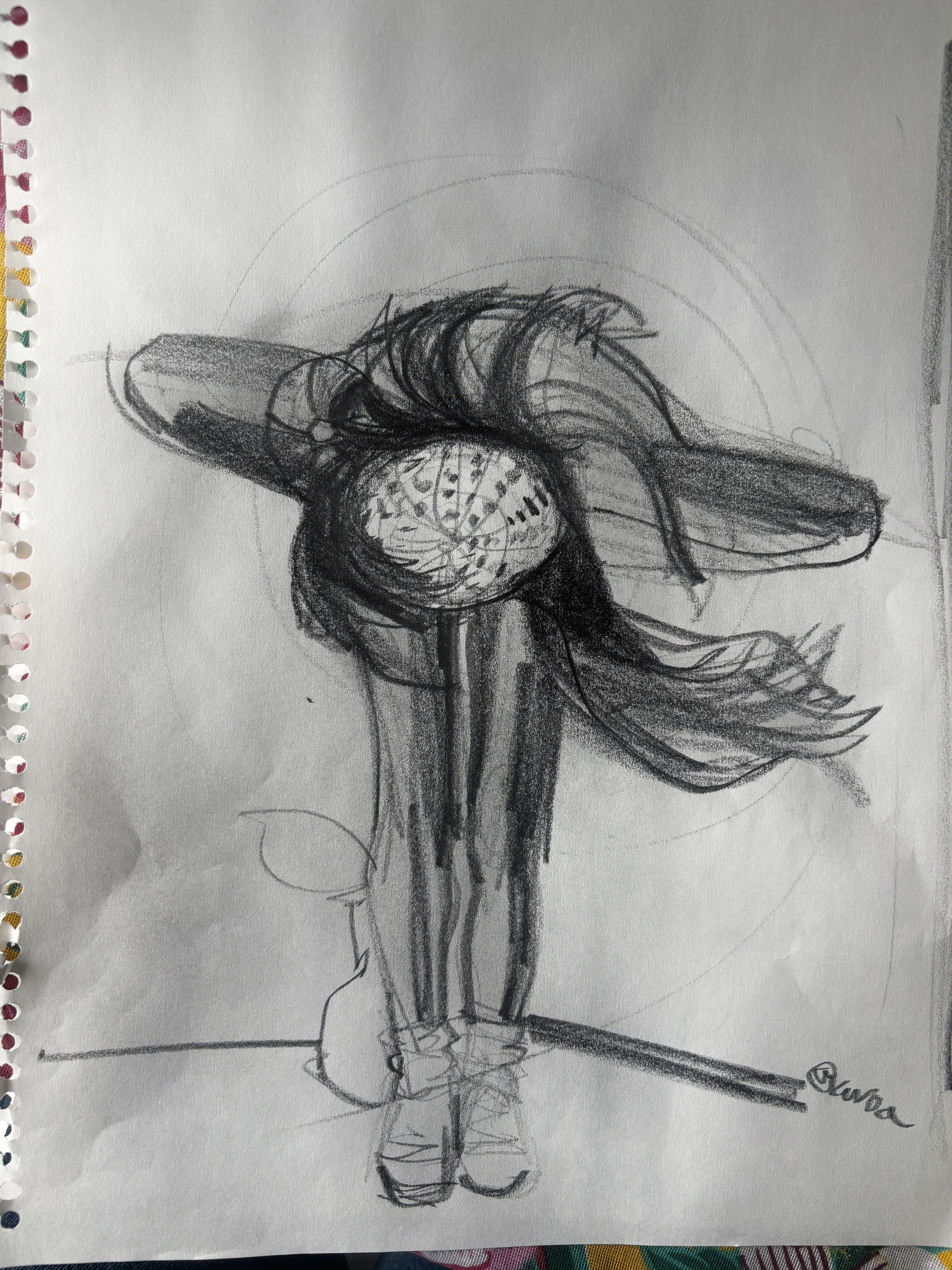 MOVEMENT: soft graphite on paper, bending sketch with crochet cap. Laura Volpintesta
