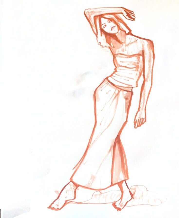riggering brush, gouache wash, line, contour, dynamic pose, dry brush, silhouette, crossed legs, opposition, line quality, light and dark, anatomy, fashion model drawing, laura Volpintesta