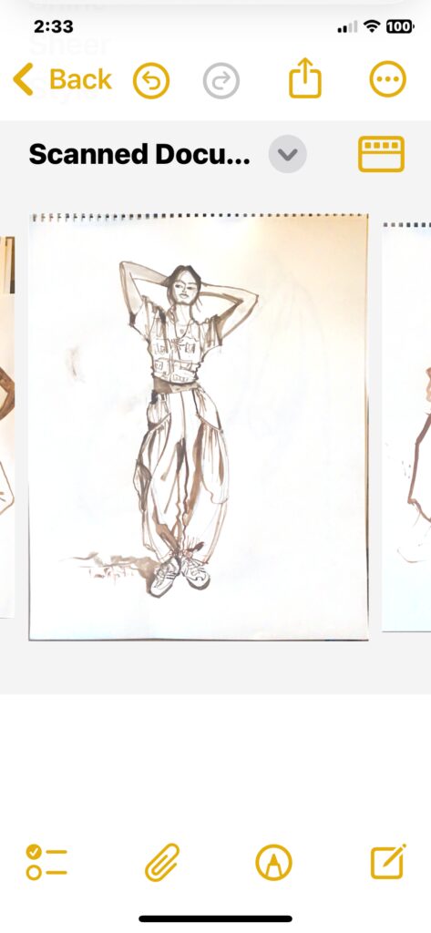 gathers, sneakers, tshirt, loose, baggy, relaxed, casual, pockets, riggering brush, goauche, brush, wash, shading, fullness, elastic, fashion illustration by Laura Volpintesta