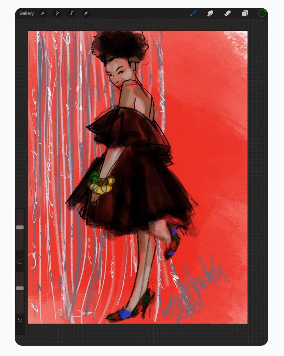 Eveningwear ruffle top off the shoulder dress with full skirt, and glitter curtain background. Digital apps fashion illustration by Laura volpintesta