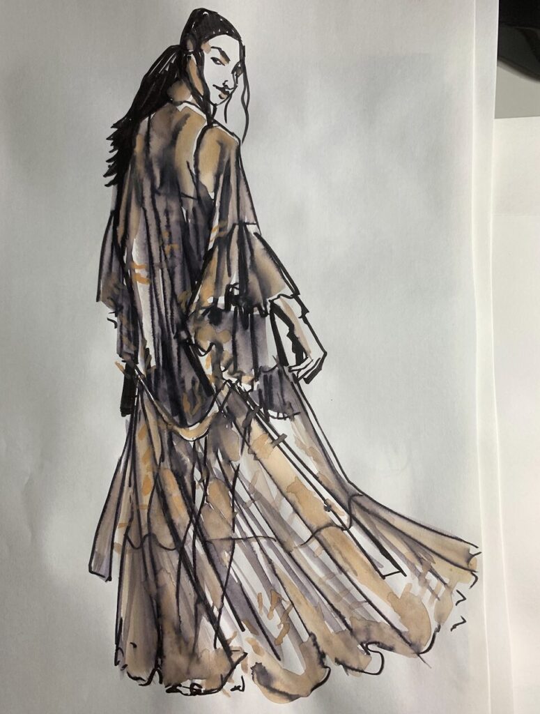 Tombow, brush tip, water soluble, marker, watercolor, contours, gathers, tiers, back view, movement, flow, sleeves, ruffles, gouache wash, sheer, silhouette, fashion illustration, model drawing, laura volpintesta