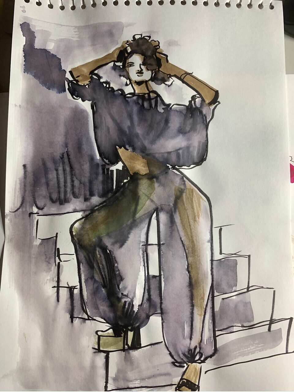 loose, harem pants, gouache wash, stairs, background, composition, stairs, water soluble brush tip marker tombow, model drawing, silhouette, harem pants, Laura Volpintesta