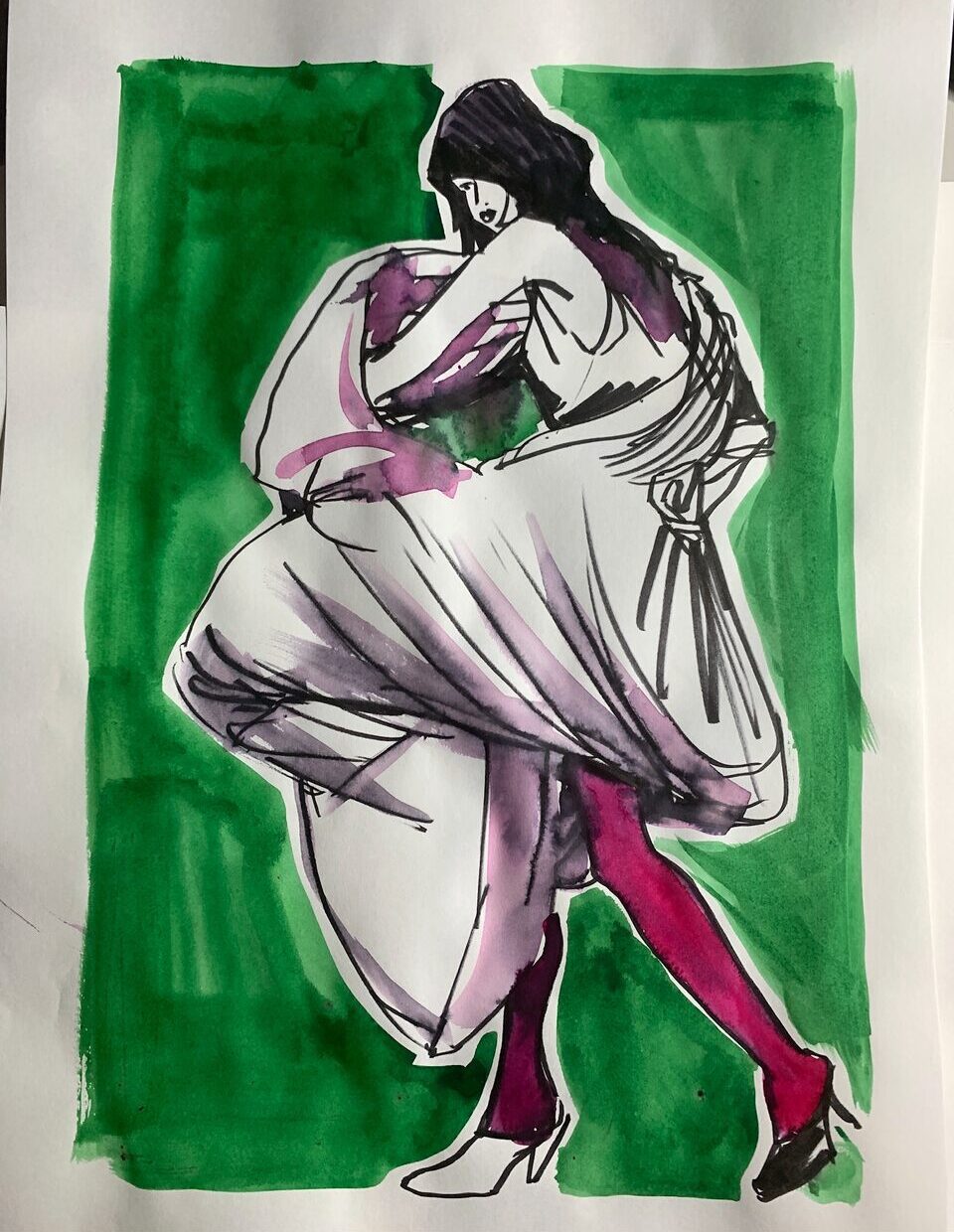 wet on wet, bleed, brush tip pen, tombow, marker, felt, background, gouache, movement, drama, profile, flow, shading, color, Laura Volpintesta