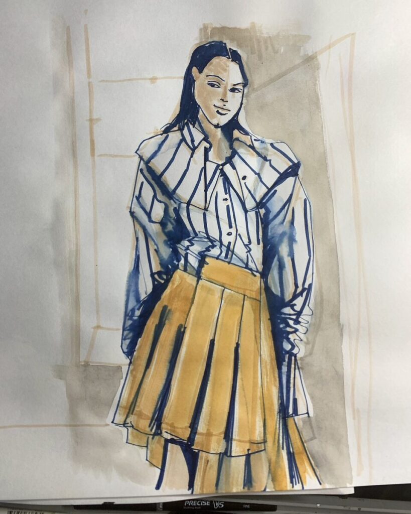 background, tombow brush wash, dual tip, gouache wash, perspective, collars, stipes, pleats, release tucks, buttons, contours, layers, crisp fabrics fashion illustration