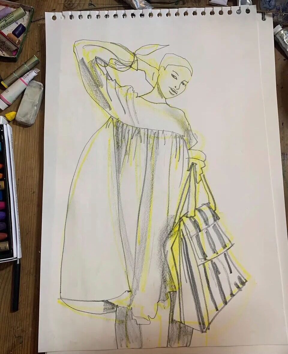 drawing gathers, stripes, contour drawing, line quality, graphite, pencil, yoke, model drawing, stripes, composition, art supplies, oil pastel, Laura Volpintesta
