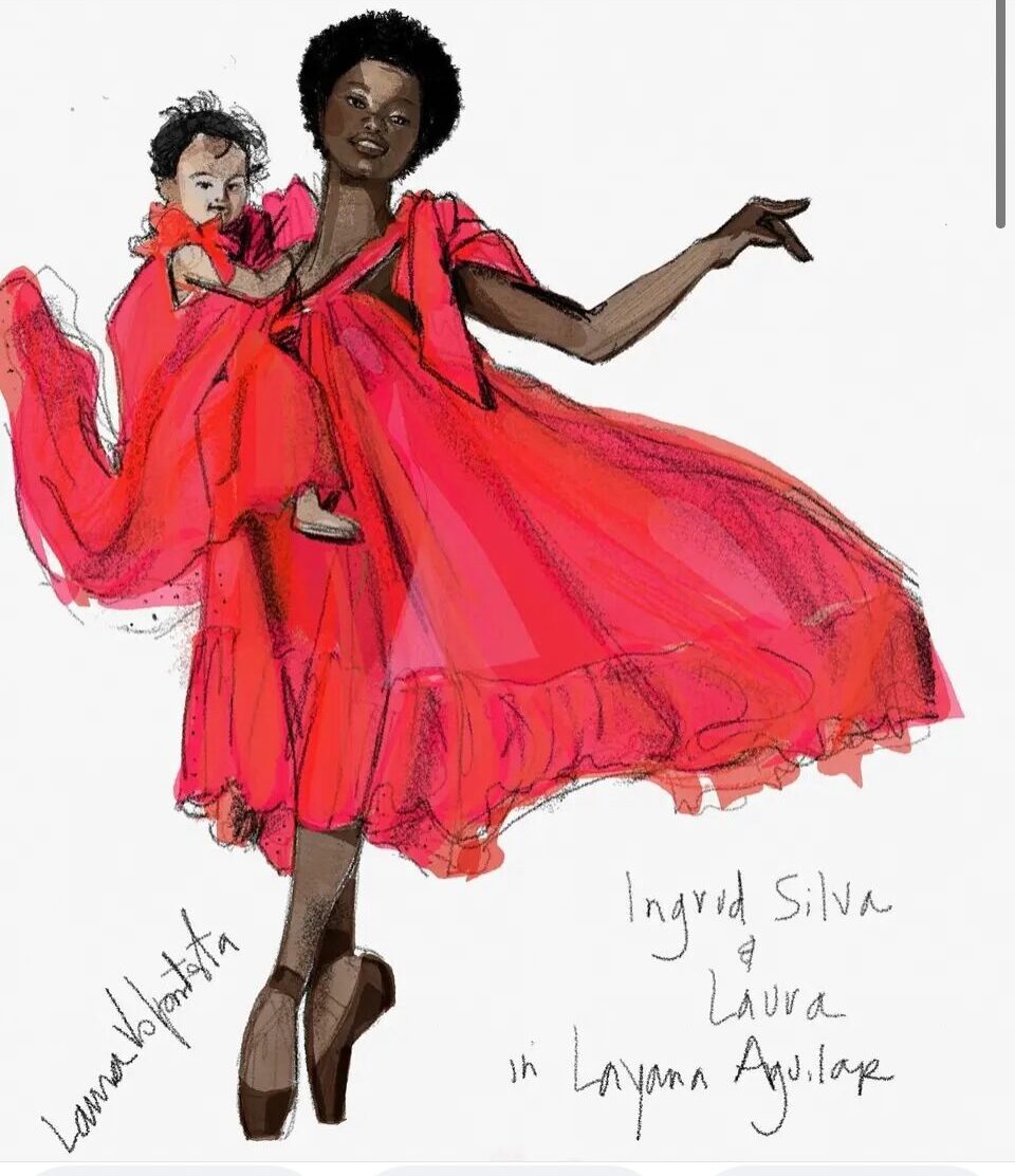 mother and child, maternity, ballerina, digital illustration, tayasui sketches app, dancer, eveningwear, ties, baby, by Laura Volpintesta. Ingrid Silva