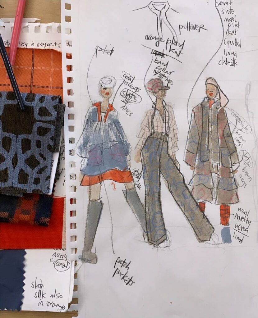 croquis book, quick sketches, art supplies, fabric swatches, fabric story, design ideas, gouache, prints and patterns, collection, layers, color story, construction details