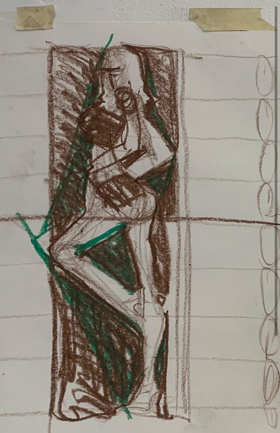 Profile fashion model drawing study , proportion, blocks, anatomy, negative shapes, shadow shapes, oil pastel in class demonstration