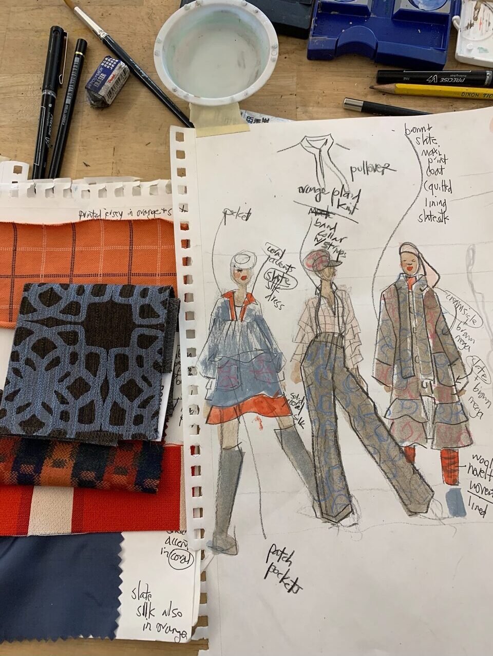 FAbric swatches alongside original fashion croquis sketches bringing the swatches to life, in gouache by Laura Volpintesta