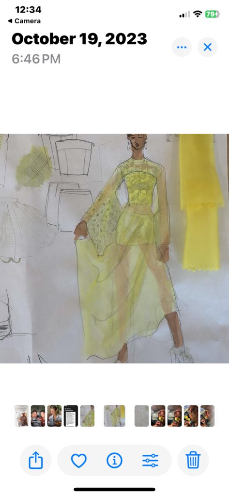 layout,, flats and figures and swatches, original design sketch, kimono sleeve, lace, sheer,shine, shadow and opacity, skintone, sketch paper, informal sketch Laura volpintesta