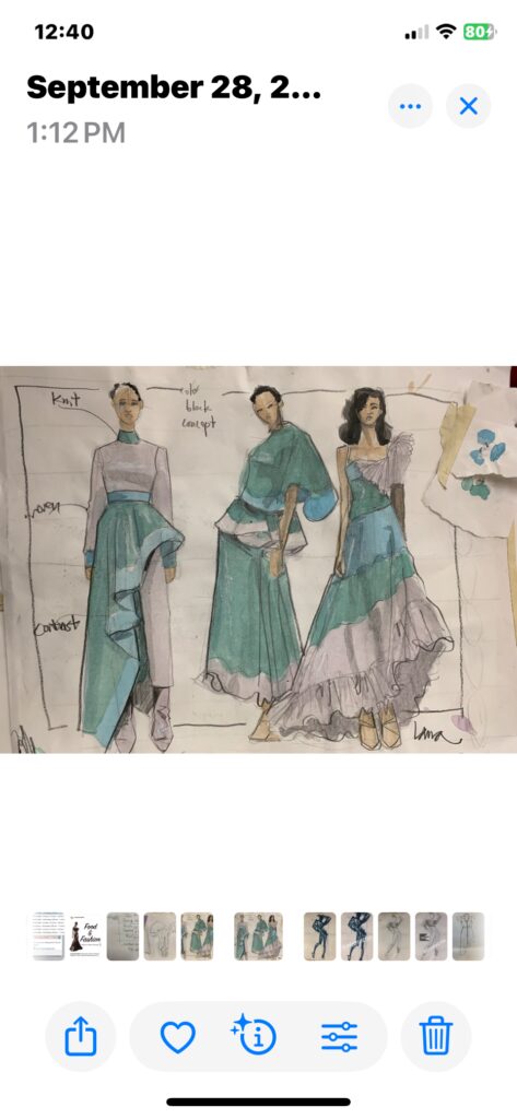 fashion mini collection, 3 looks, color blocking, color matching, gouache and pencil on sketch paper, fashion design sketches, ruffles, tiers, pleats, flares, knit and woven, cape, asymmetrical.Laura volpintesta
