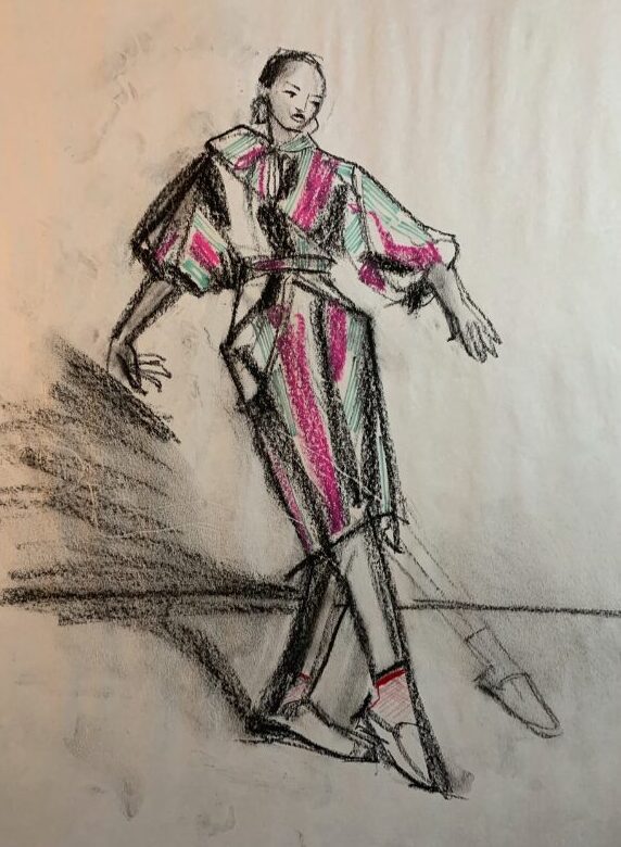 Movement in fashion and figure drawing. Charcoal and oil pastel figure drawing by Laura volpintesta
