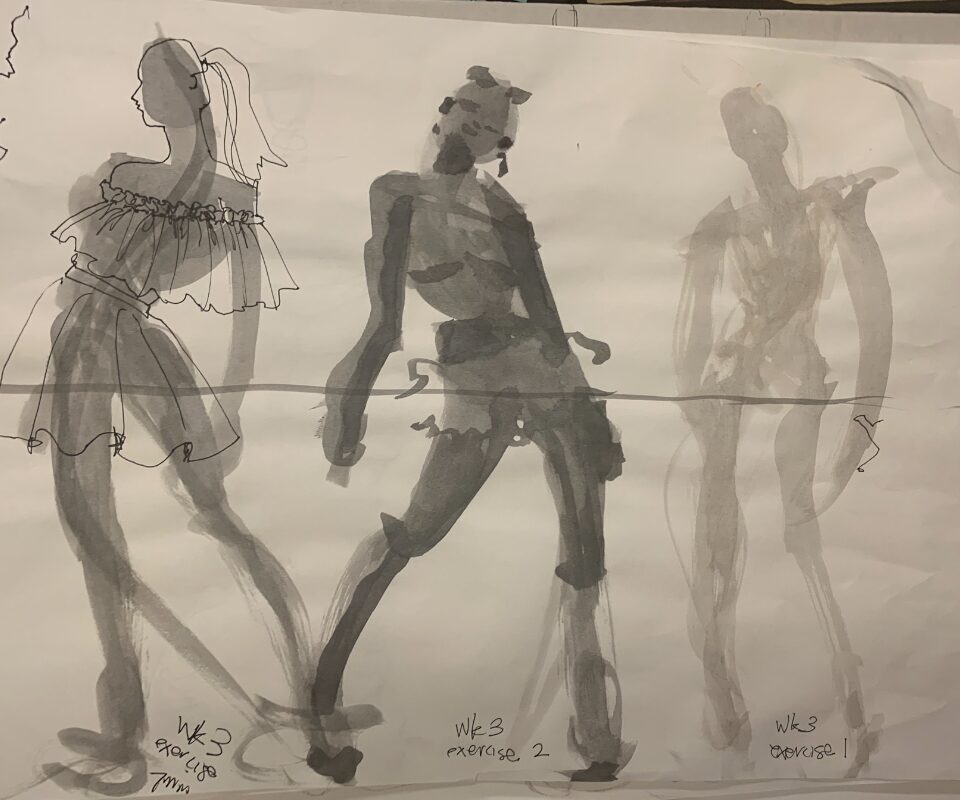 wash and line goauche gestures studies from Fashion Sketch Group online zoom figure drawing studio sessions