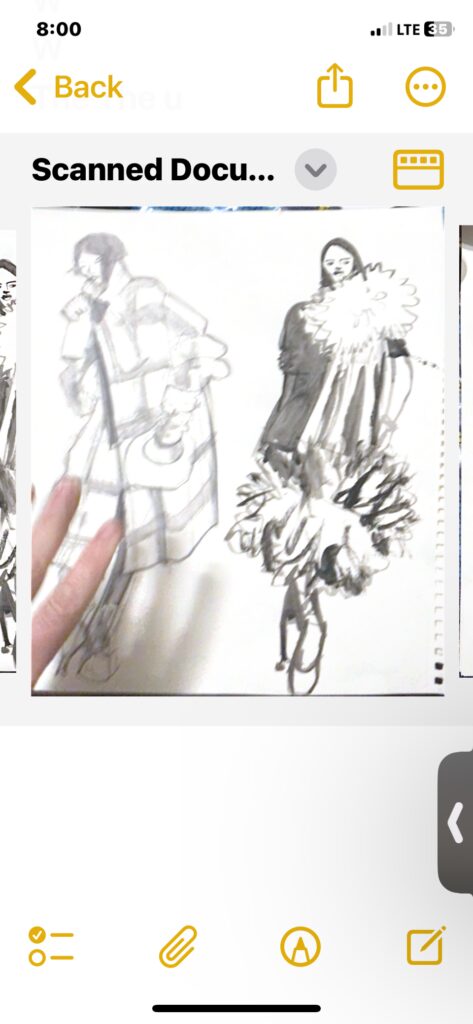 black line and shadow wash studies in gouache, model drawing. fur, coats, winter, silhouette, tonal, greyscale