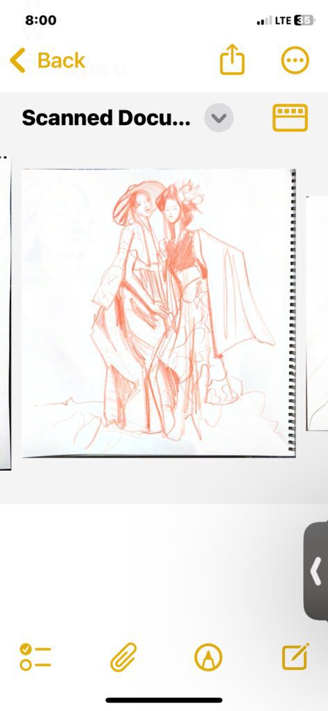 Prismacolor pencil sketch in red, pairs sketching model drawing fashion with bonnets and dramatic silhouetes, prints, layering Laura volpintest