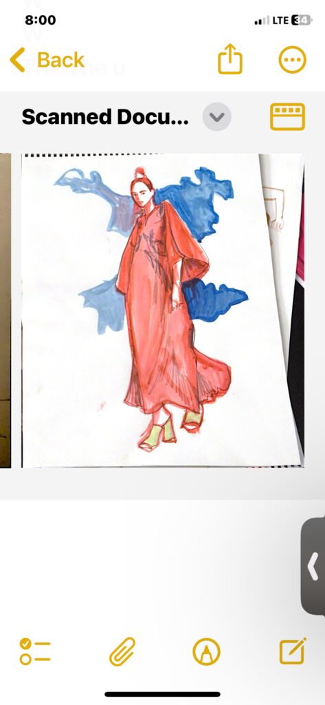 Red and Blue caftan dress petal sleeves, with background, gouache on paper, with pencil, by Laura Volpintesta