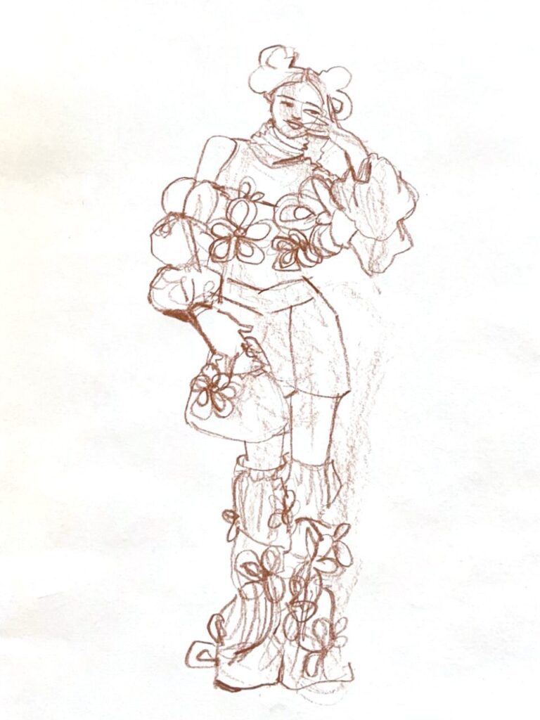 contour drawing in colored pencil by Laura Volpintesta fashion illustrator