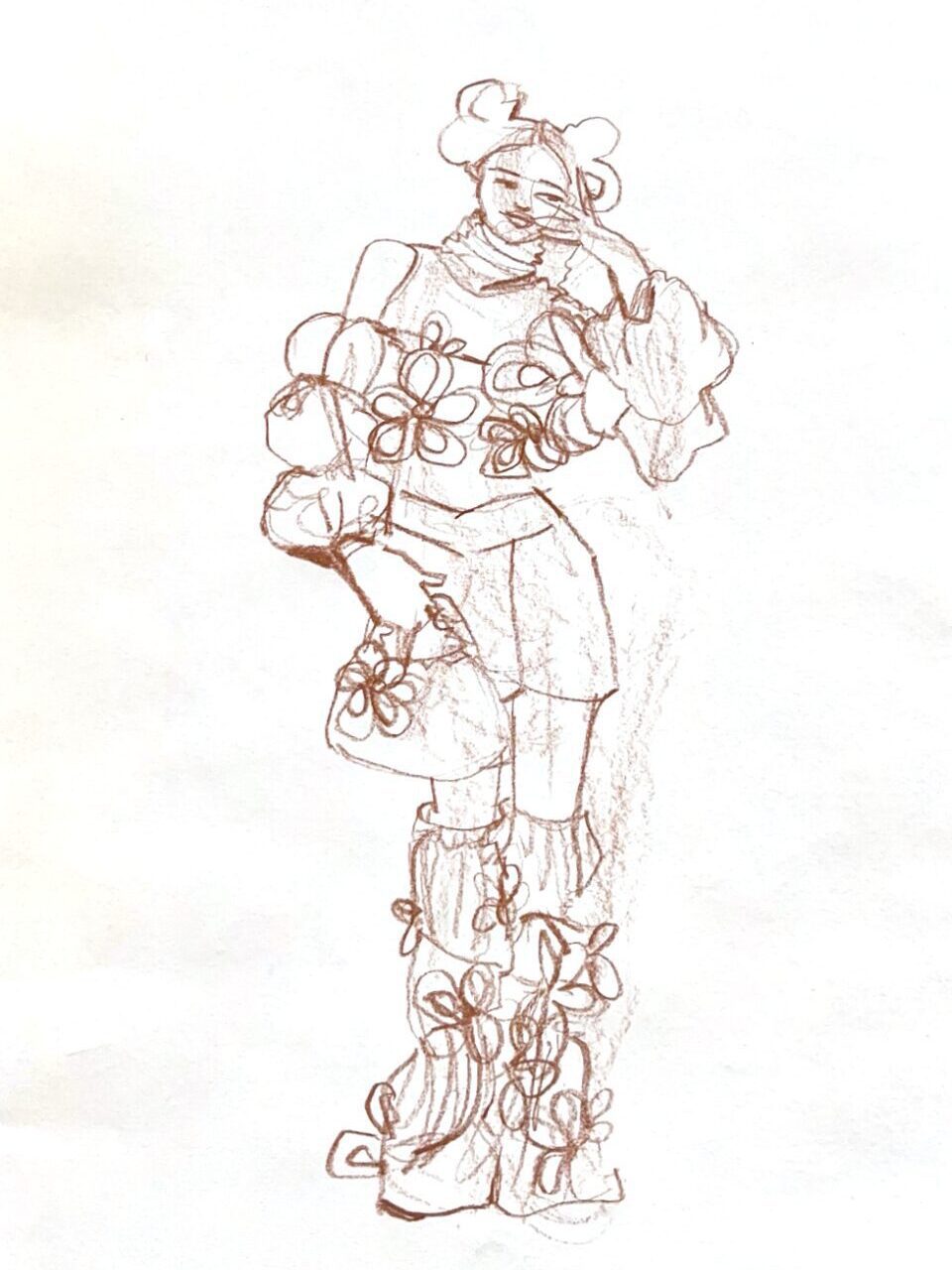 contour drawing in colored pencil by Laura Volpintesta fashion illustrator