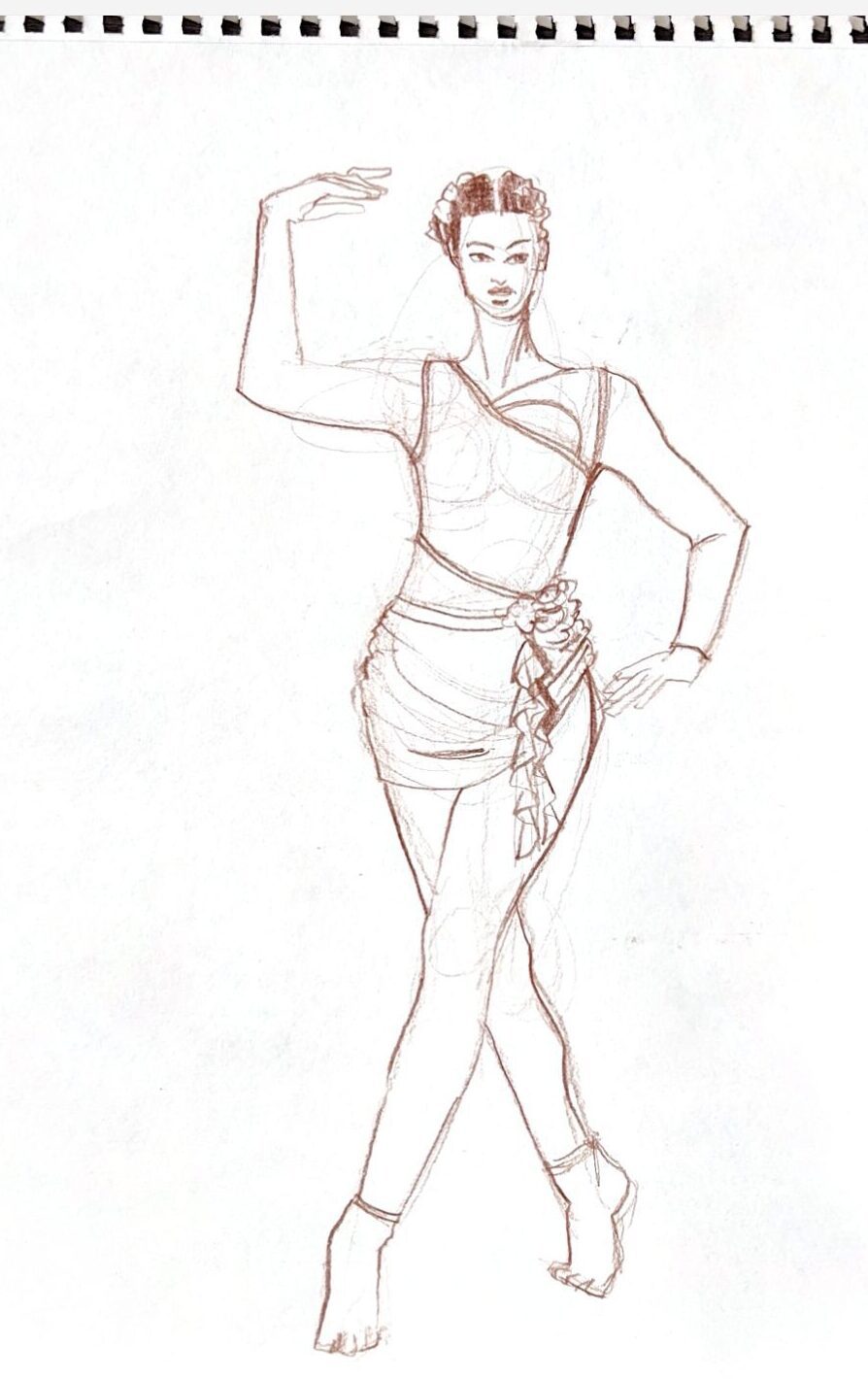 Asymmetry in the neckline, hemline, and draped cascades on this fashion design captured in Colored Pencil by Laura Volpintesta