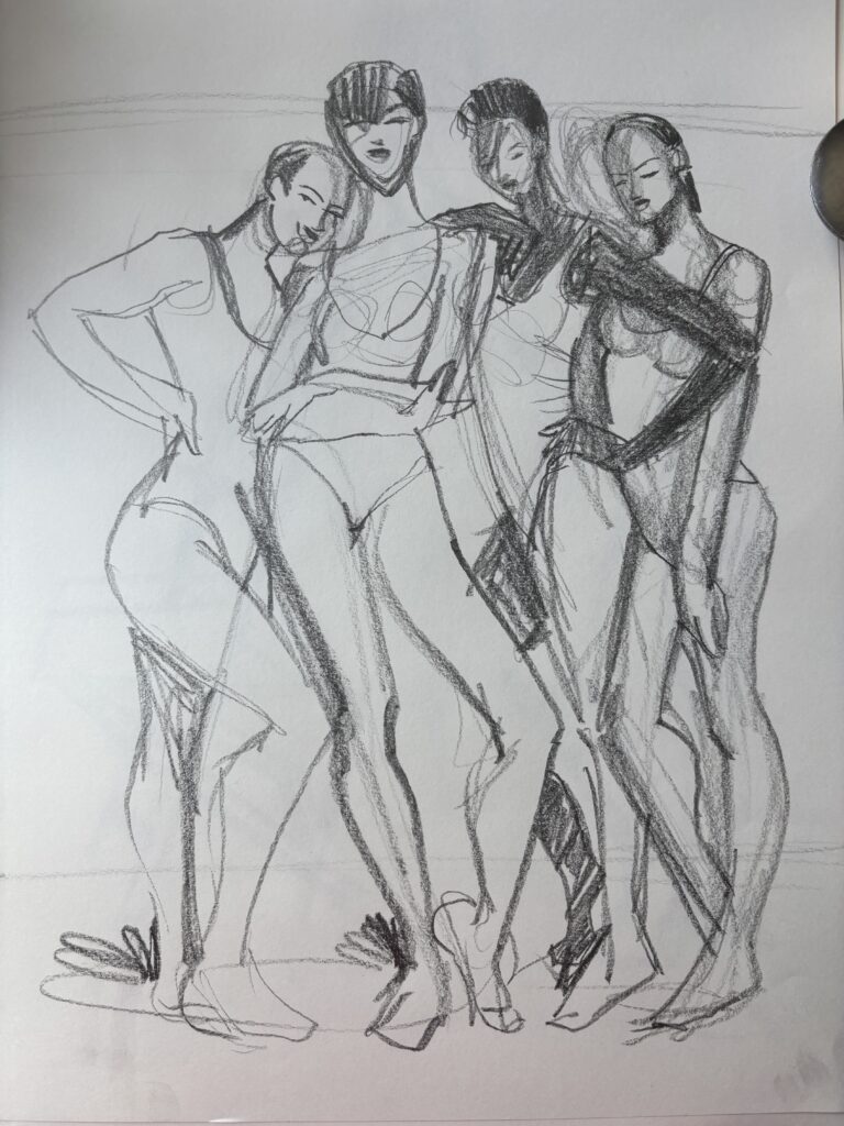 Model Drawing sessions open up the flow for exprimentation and exploration. Spontaneity, playfulness and improv are as important as practice and study. Composition of the page is something that we always keep in mind in fashion drawing.