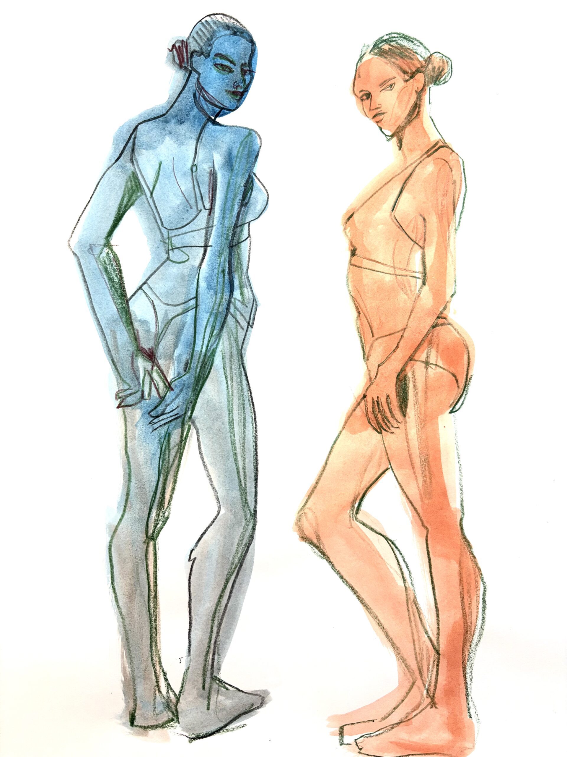 Gouache wash and colored pencil figure study model drawing warmups in fashion illustration online sessions by Laura Volpintesta