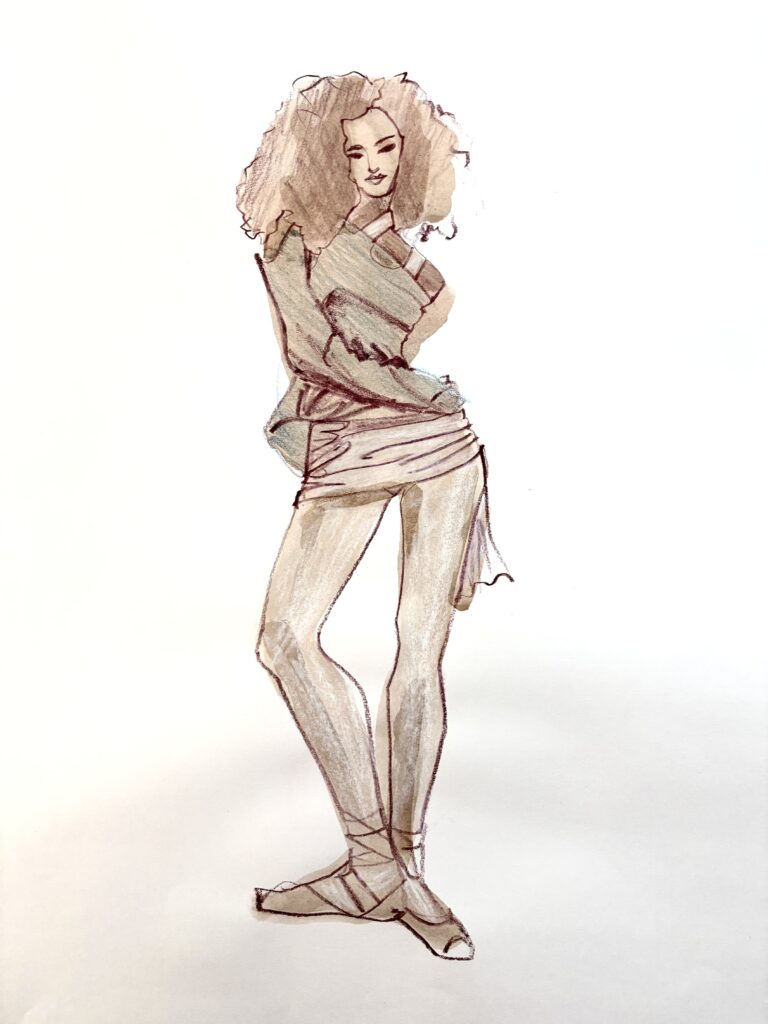 Gouache wash gesture filled with colored pencils used to sketch fashion in a model drawing session by Laura Volpintesta jersey, layers, overlap, sheer, texture, contours, wash, colored pencil, prismacolor, cutout, gathers, shadow shapes, shading, line quality, dancer, balance, dynamic, action, youtube