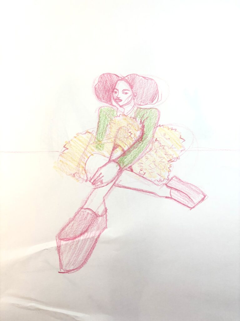 Colored Pencil foreshortened fashion figure model drawing sketch from zoom studio sessions. Seated woman on floor.By Laura Volpintesta