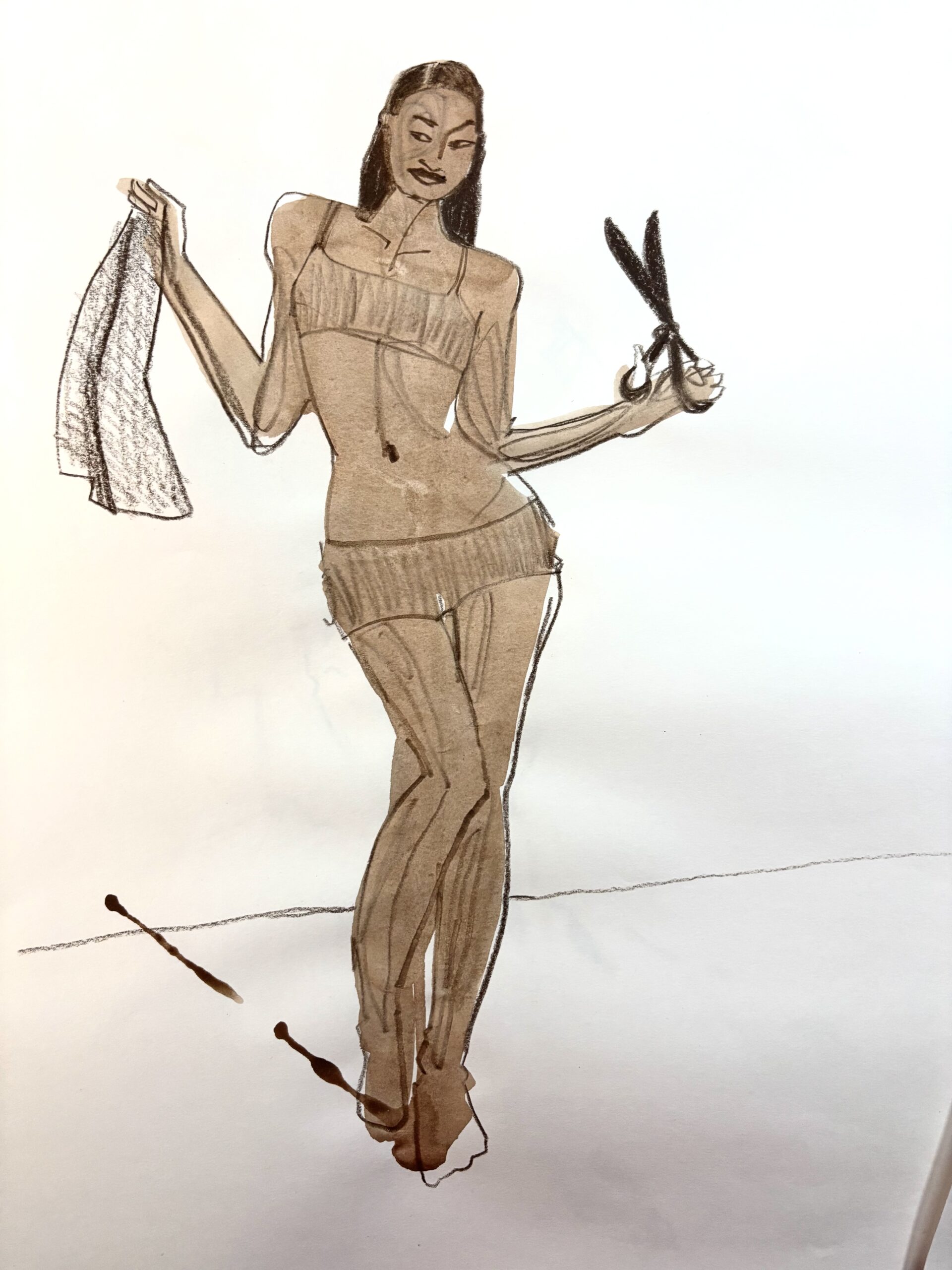 A wash of gouache and colored pencils for fashion sketching figure study: standing woman holding scissors and fabric, by Laura Volpintesta