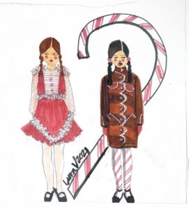 Holiday fashion sketches in marker by Laura Volpintesta, childrenswaer