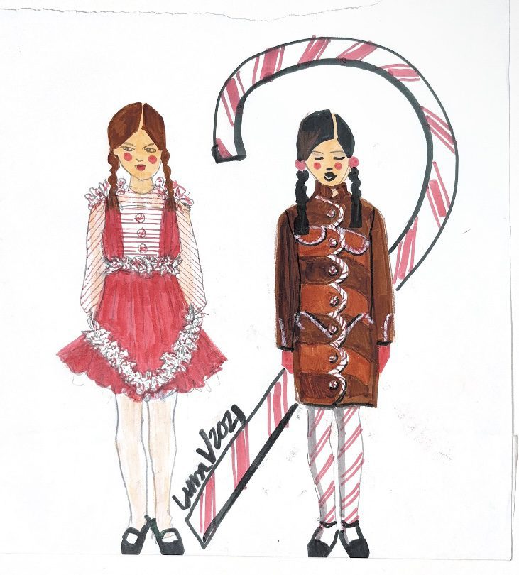 Holiday fashion sketches in marker by Laura Volpintesta, childrenswaer