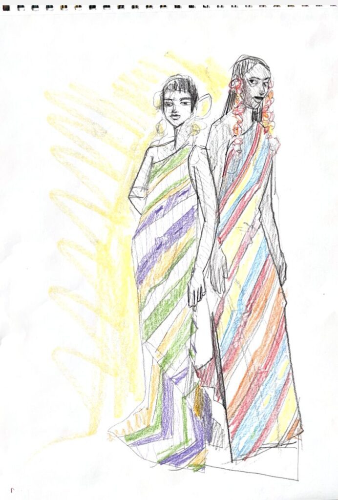 bias cut striped dresses, pairs sketching, colored pencils, fashion illustration by laura Volpintesta