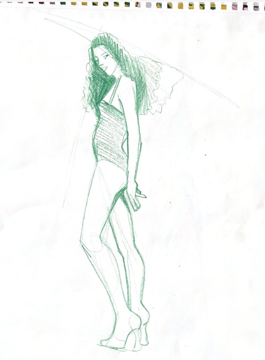 profile fashion model sketch using prismacolor colored pancil on sketch paper for live zoom sketch session