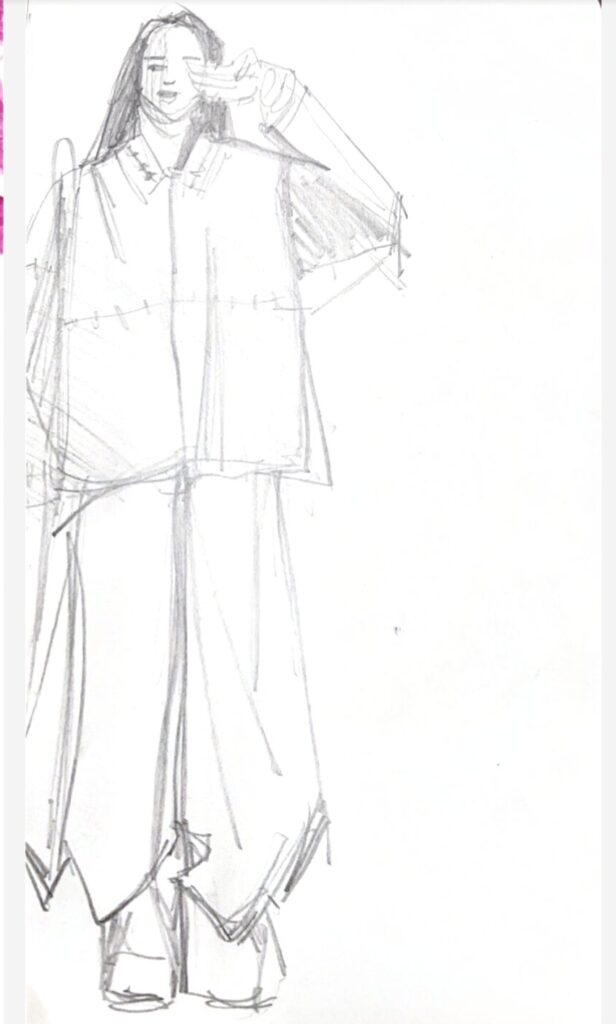 boxy shirt collar top and handkercheif hem pants ensemble, pencil drawing by Laura Volpintesta