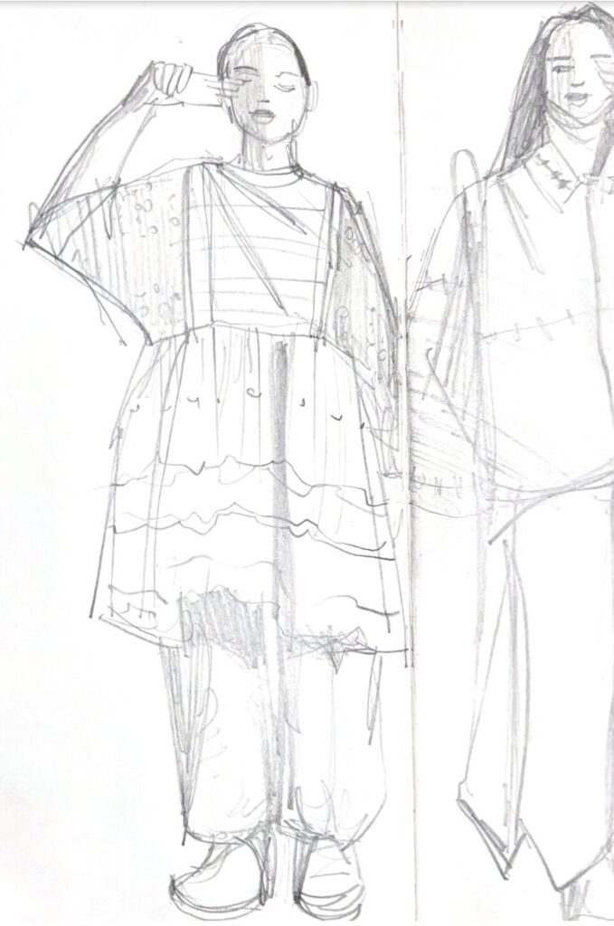 boxy kimono-sleeve tunic/ dress qnd pants, pencil sketched by laura Volpintesta